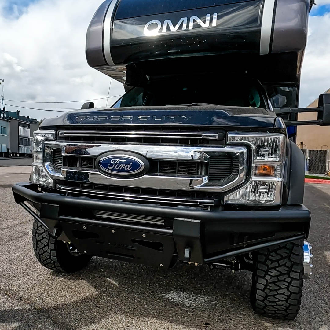WeldTec Designs Ridge tube winch bumper for Ford F-Series Super C RV with integrated winch mounting and off-road front protection