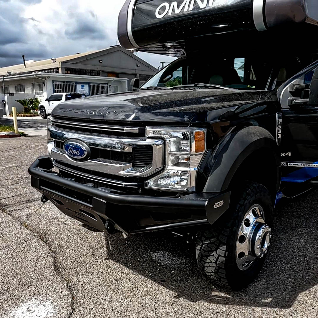 WeldTec Designs Ridge tube winch bumper for Ford F-Series Super C RV with integrated winch mounting and off-road front protection