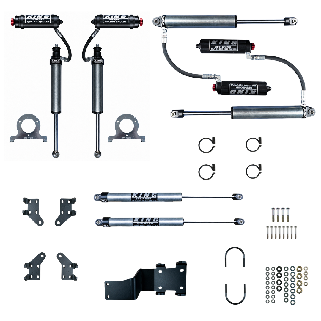 KING Midnight Ops 2.5 shocks and dual 2.0 steering stabilizers for Ford F-550 and F-600 Super C RVs