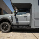 WeldTec Designs side steps for Ford F-550 and F-600 Super C RVs with wide step surface and integrated body-line fitment